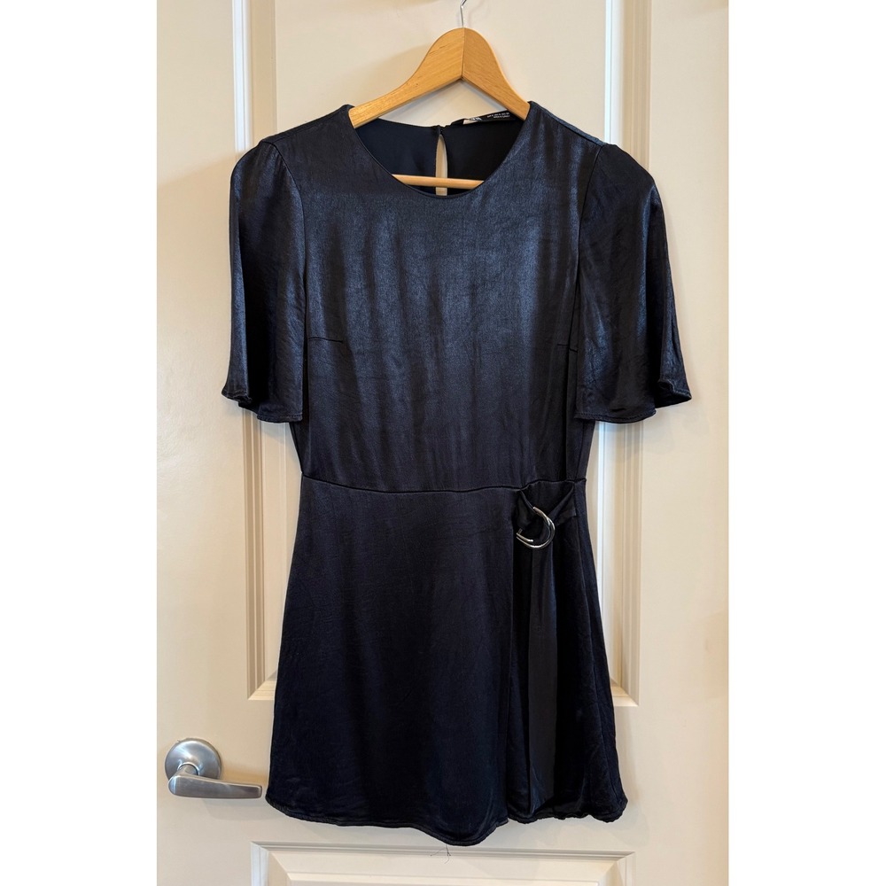 Zara Flirty and Fun Black Satin Flutter Sleeve D-Ring Wrap Skort Romper Size S